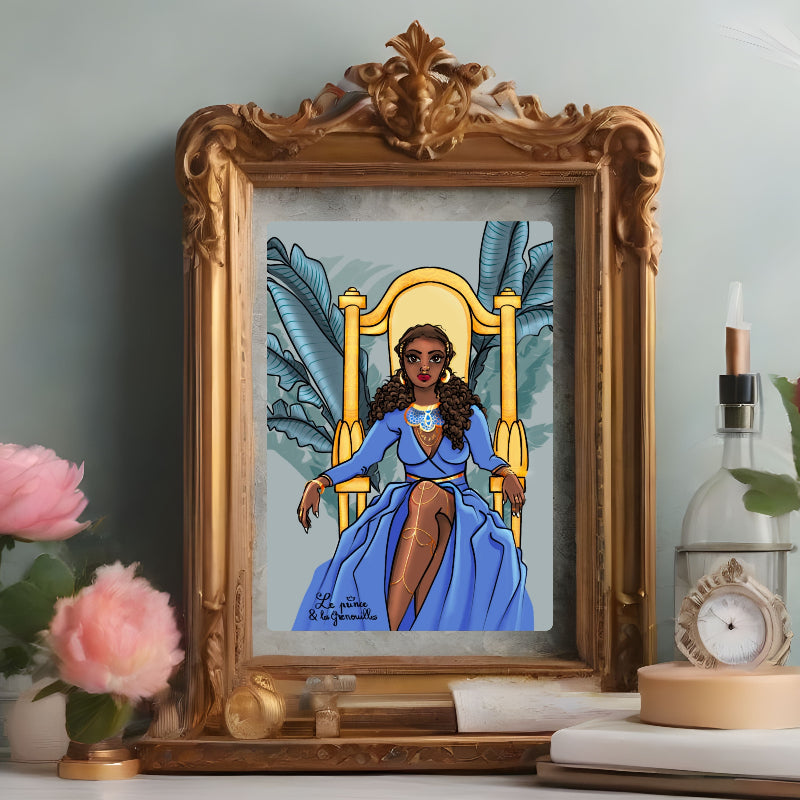 illustration numérique reine bananiers doré sur son trône