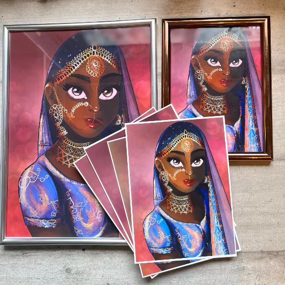 illustration numérique d'une indienne dipavali davali holi malbaraise bijoux verts