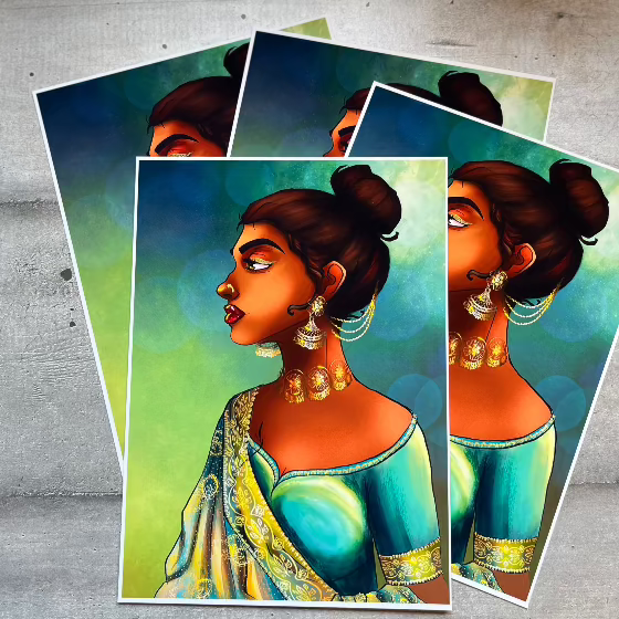 illustration numérique d'une indienne dipavali davali holi malbaraise bijoux verts