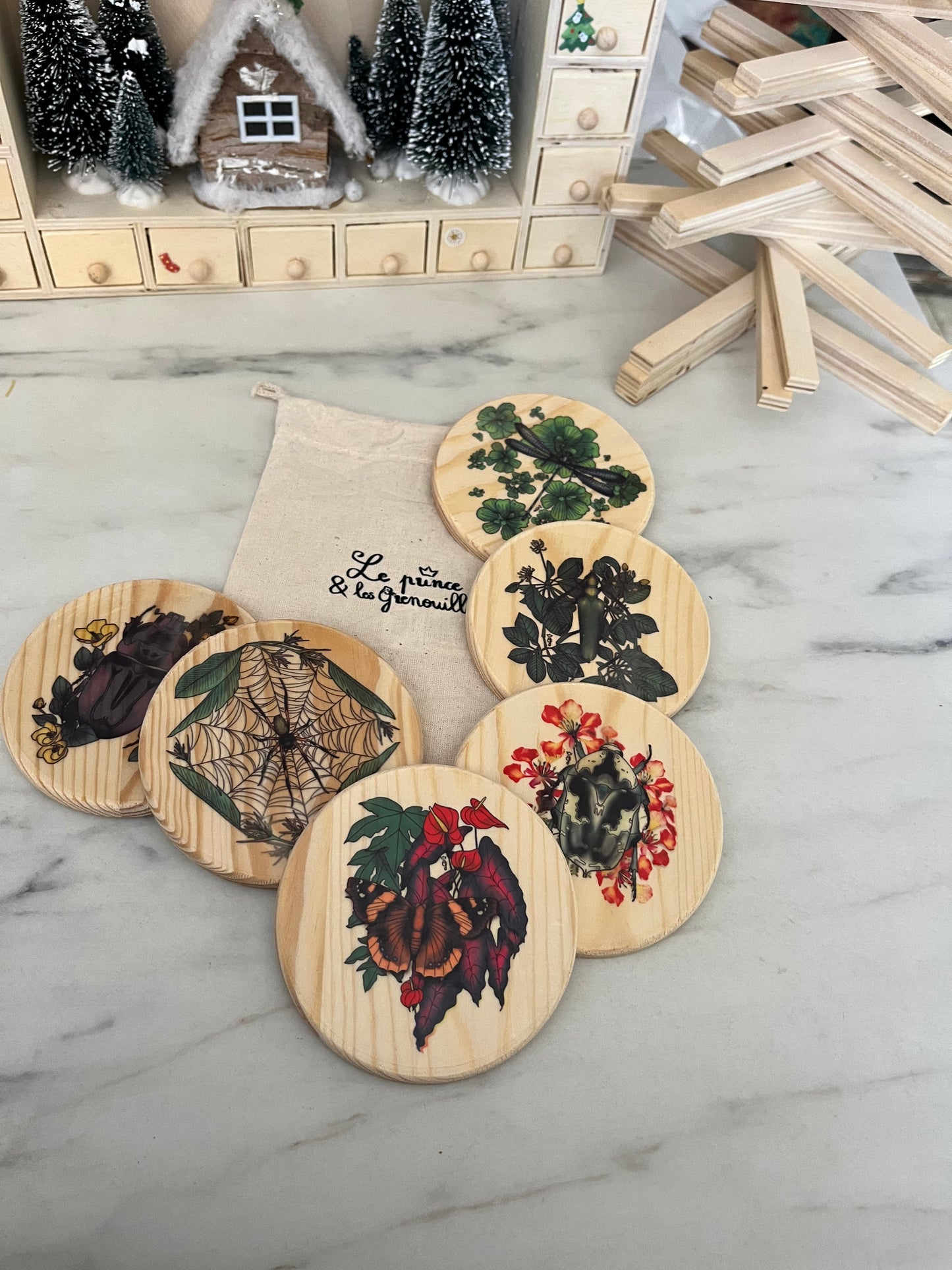 Bébêtes la kour - sous verres en bois