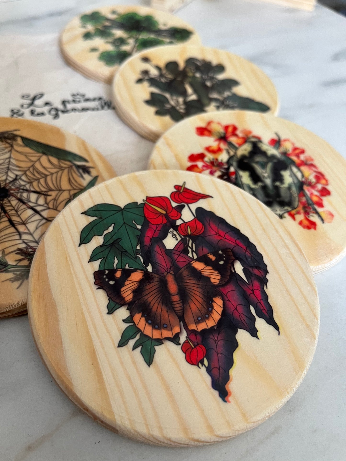 Bébêtes la kour - sous verres en bois