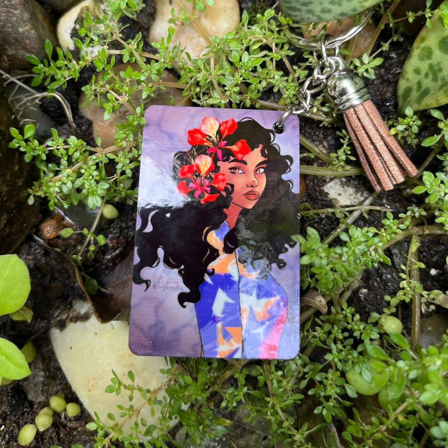 porte-clés double face en bois  
sublimation à la main avec flamboyants rouge de La Réunion
