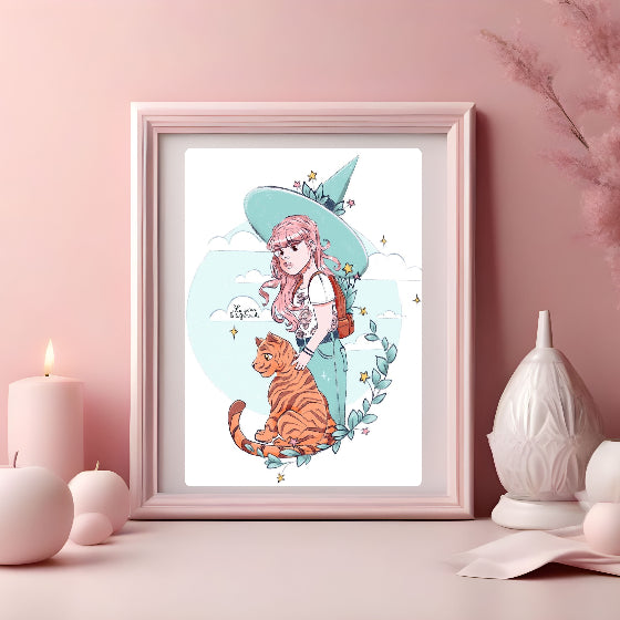 la fille et le tigre illustration numérique jeunesse pour chambre pour fille