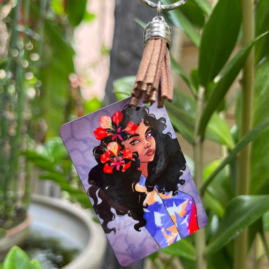 porte-clés double face en bois  
sublimation à la main avec flamboyants rouge de La Réunion