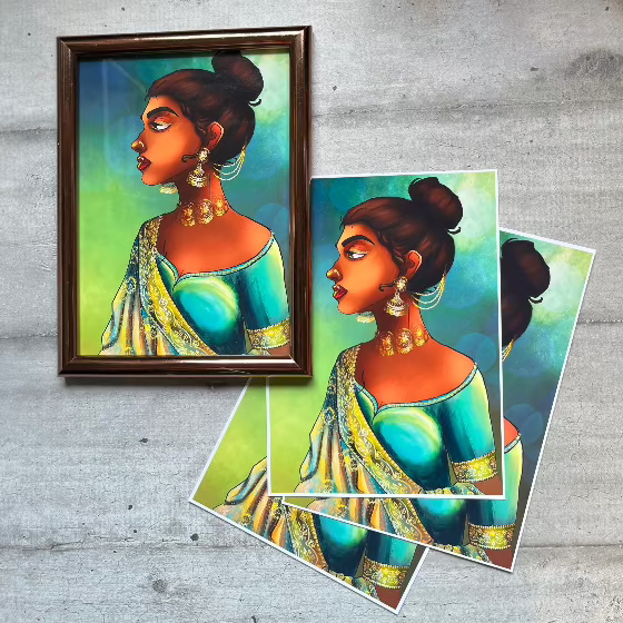 illustration numérique d'une indienne dipavali davali holi malbaraise bijoux verts