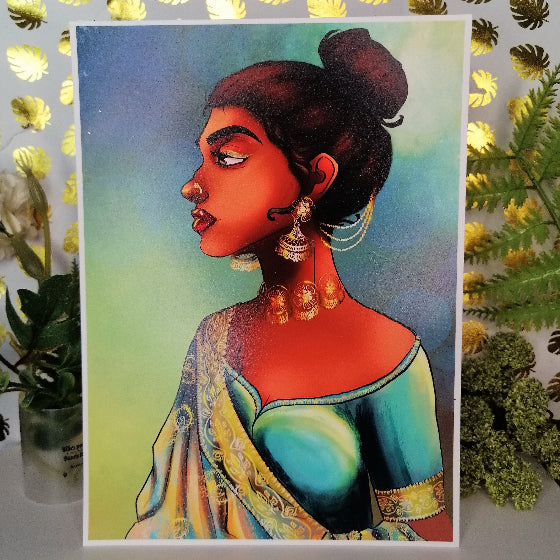 illustration numérique d'une indienne dipavali davali holi malbaraise bijoux verts