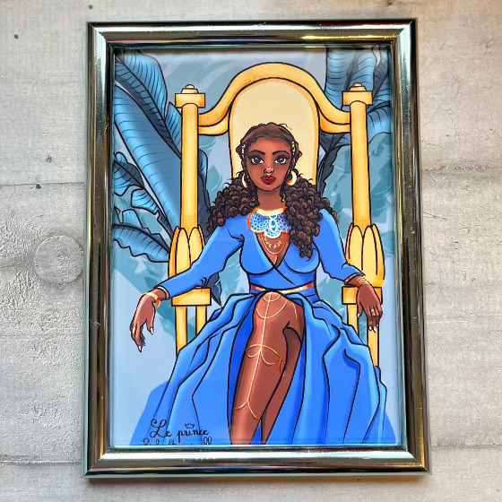 illustration numérique reine bananiers doré sur son trône 